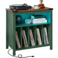 Green vinyl record storage cabinet with record player on top and glowing interior light.