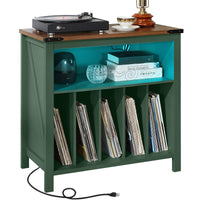 Green record player stand with open cabinet, LED-lit shelves, and vinyl record storage