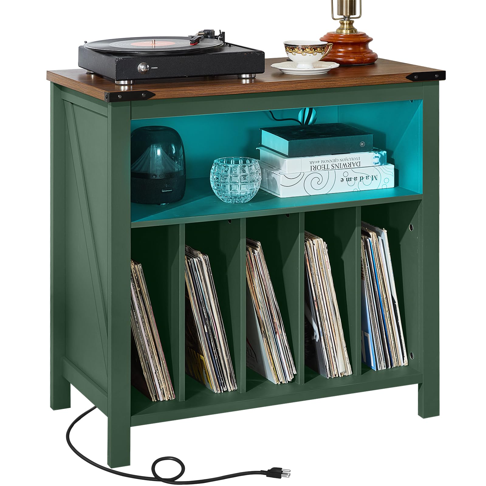 Green vinyl record storage cabinet with record player on top and glowing interior light.
