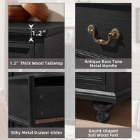 Black dresser close-up with thick wood tabletop edge and antique brass-tone metal drawer handles.