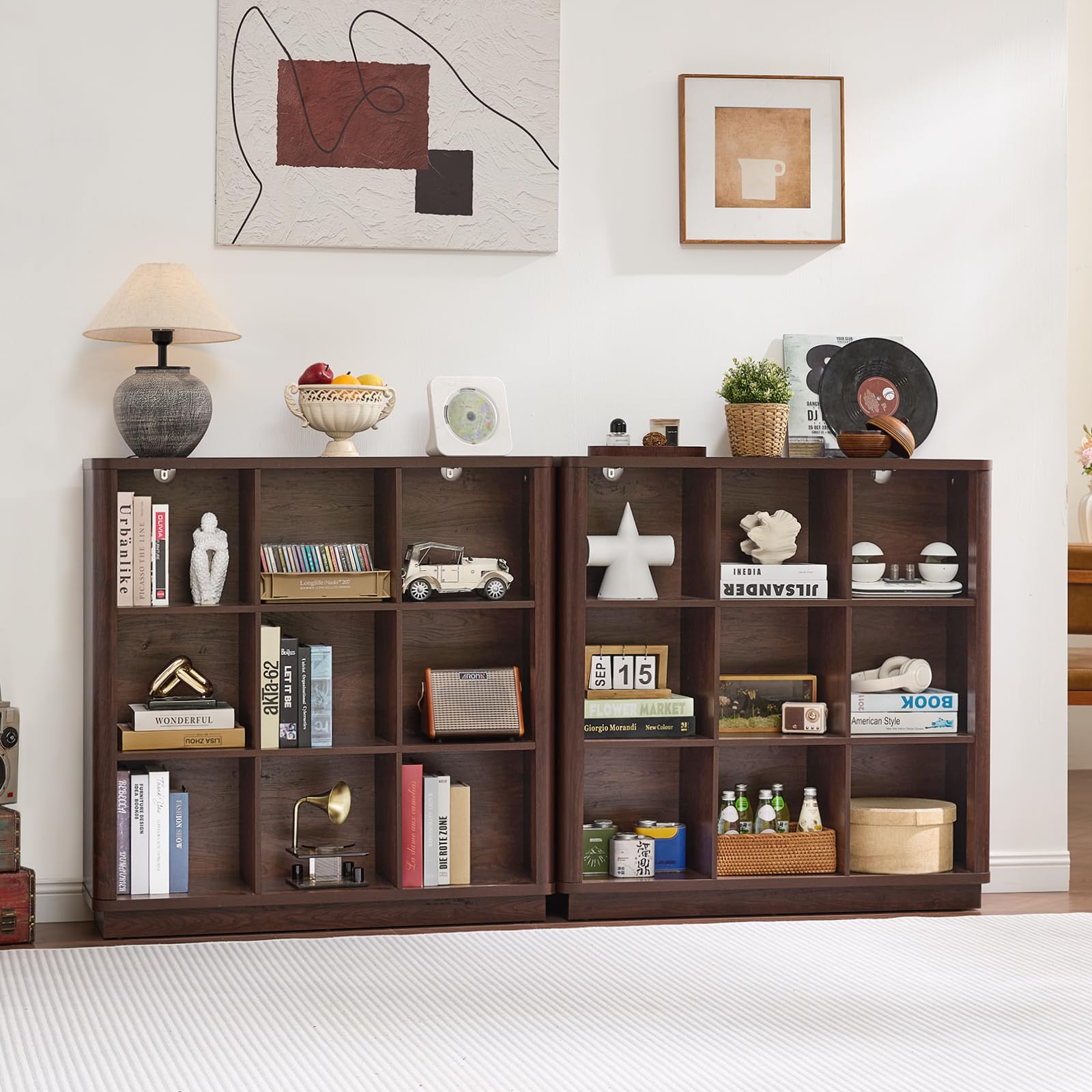 Wooden cube storage book shelf with multiple square cubbies and flat top surface