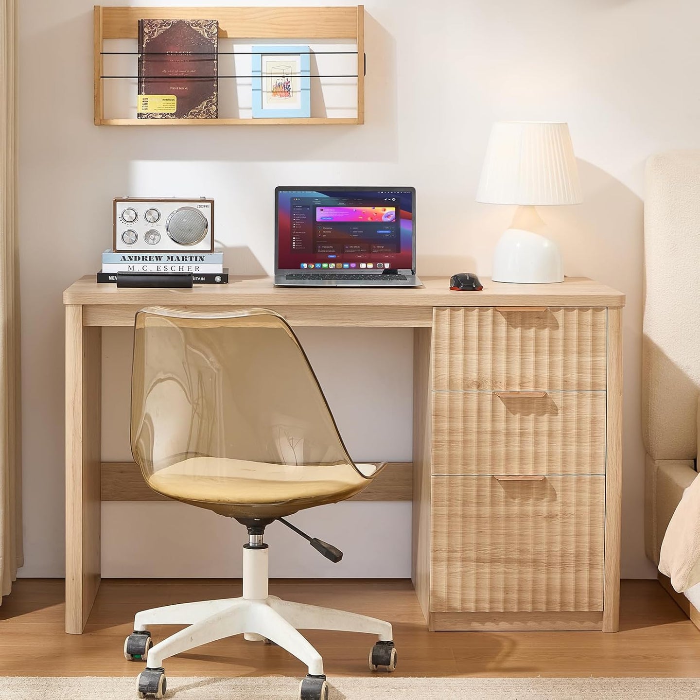 Wood executive desk with fluted side cabinet and three drawer fronts, metal handles