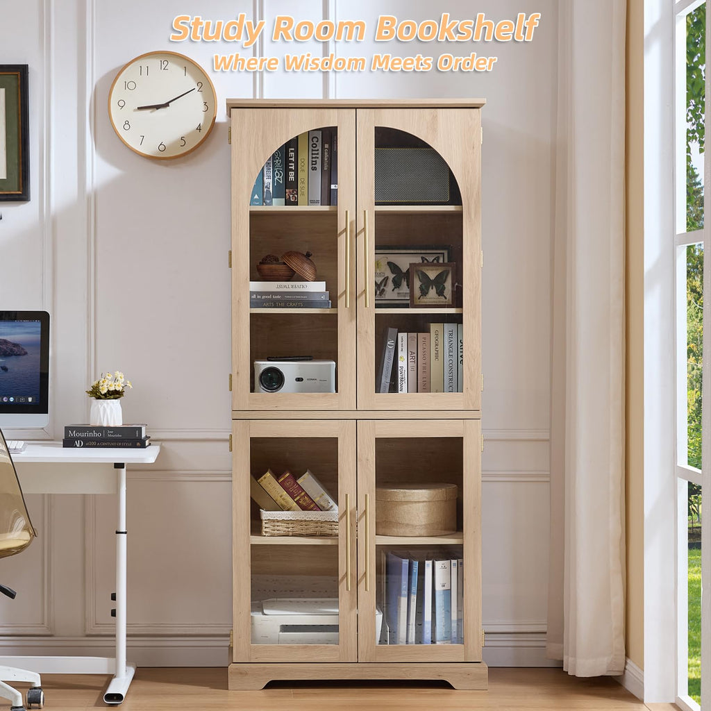 Light wood display cabinet with curved glass doors and adjustable shelves, open front