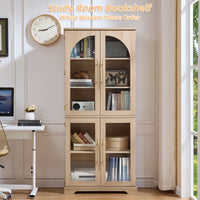 Light wood display cabinet with curved glass doors and adjustable shelves, open front