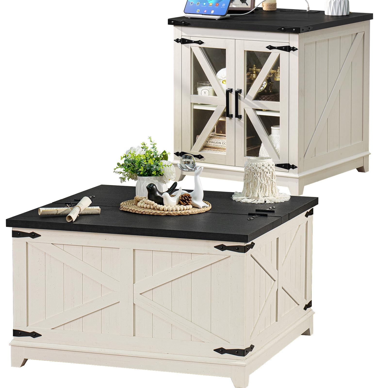 White wood coffee table set with flip-up storage top and charging cable on end cabinet.
