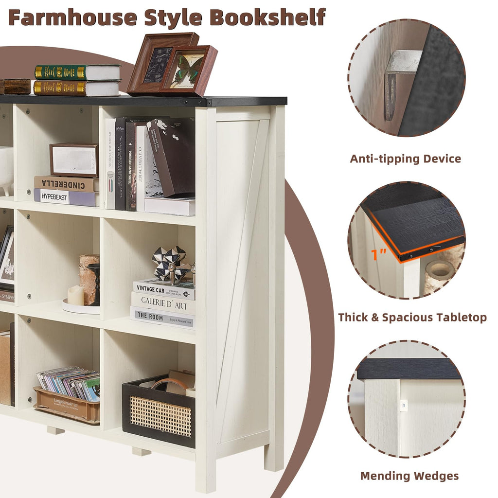 White farmhouse bookcase with open cubbies, thick tabletop, and anti-tipping support