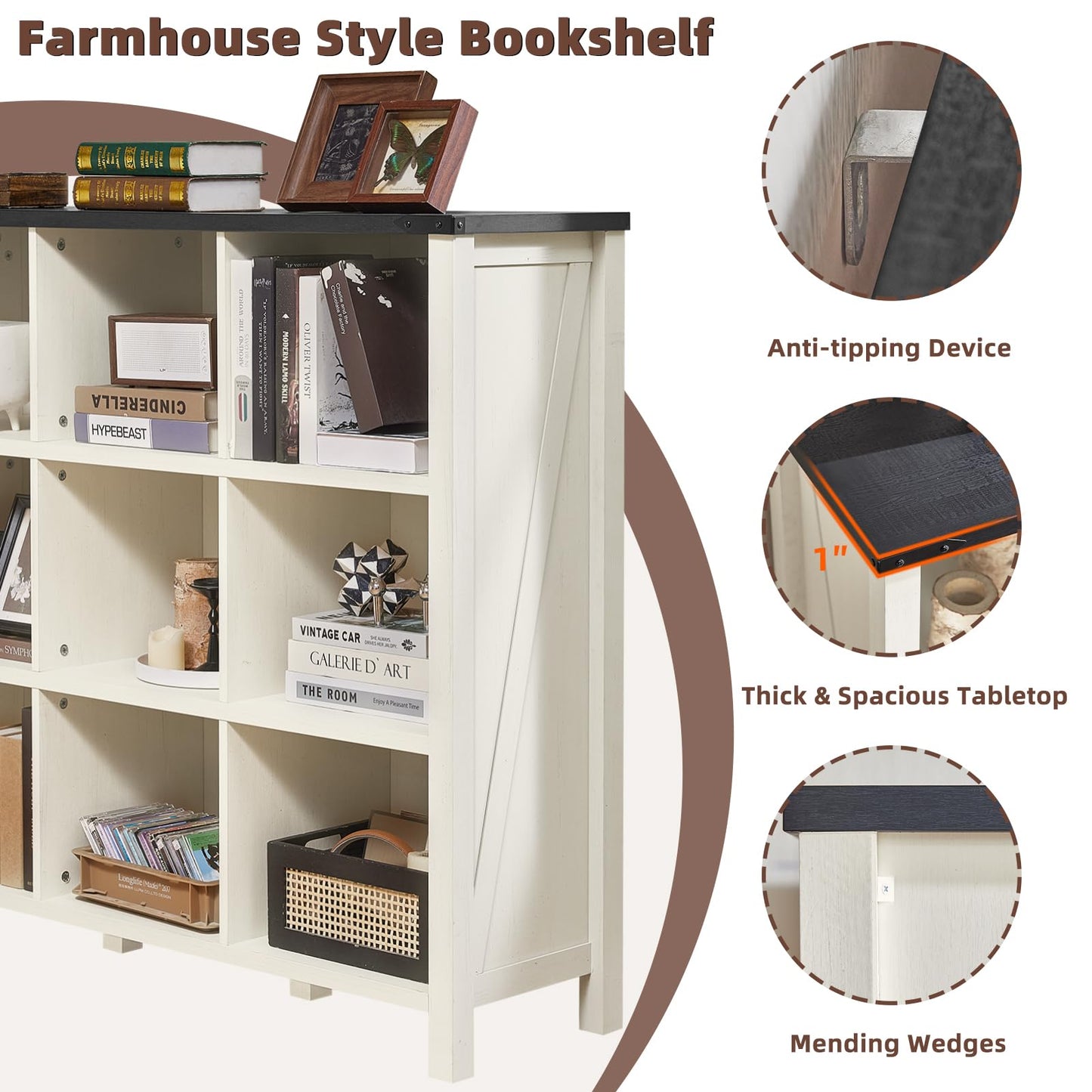 White farmhouse bookcase with open cubbies, thick tabletop, and anti-tipping support