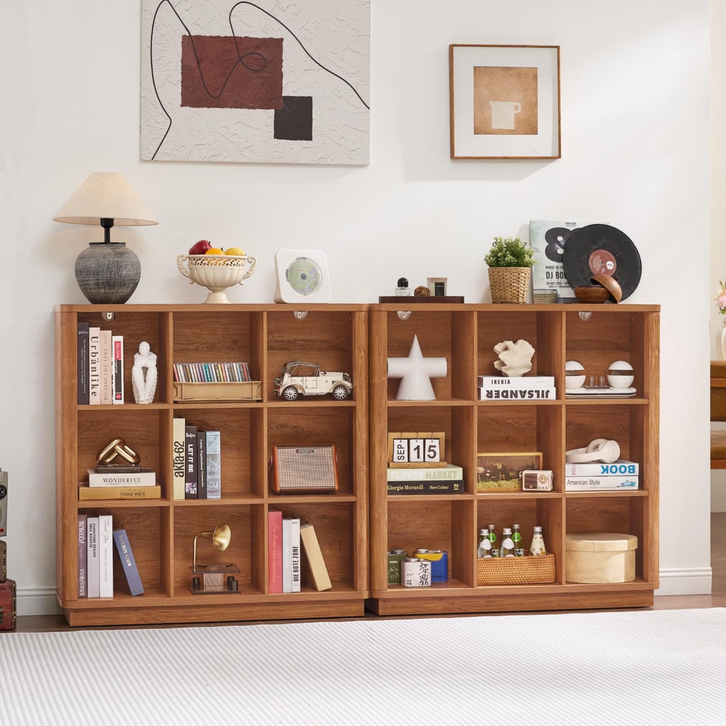 Natural oak cube storage bookcase with open cubby compartments and wide top