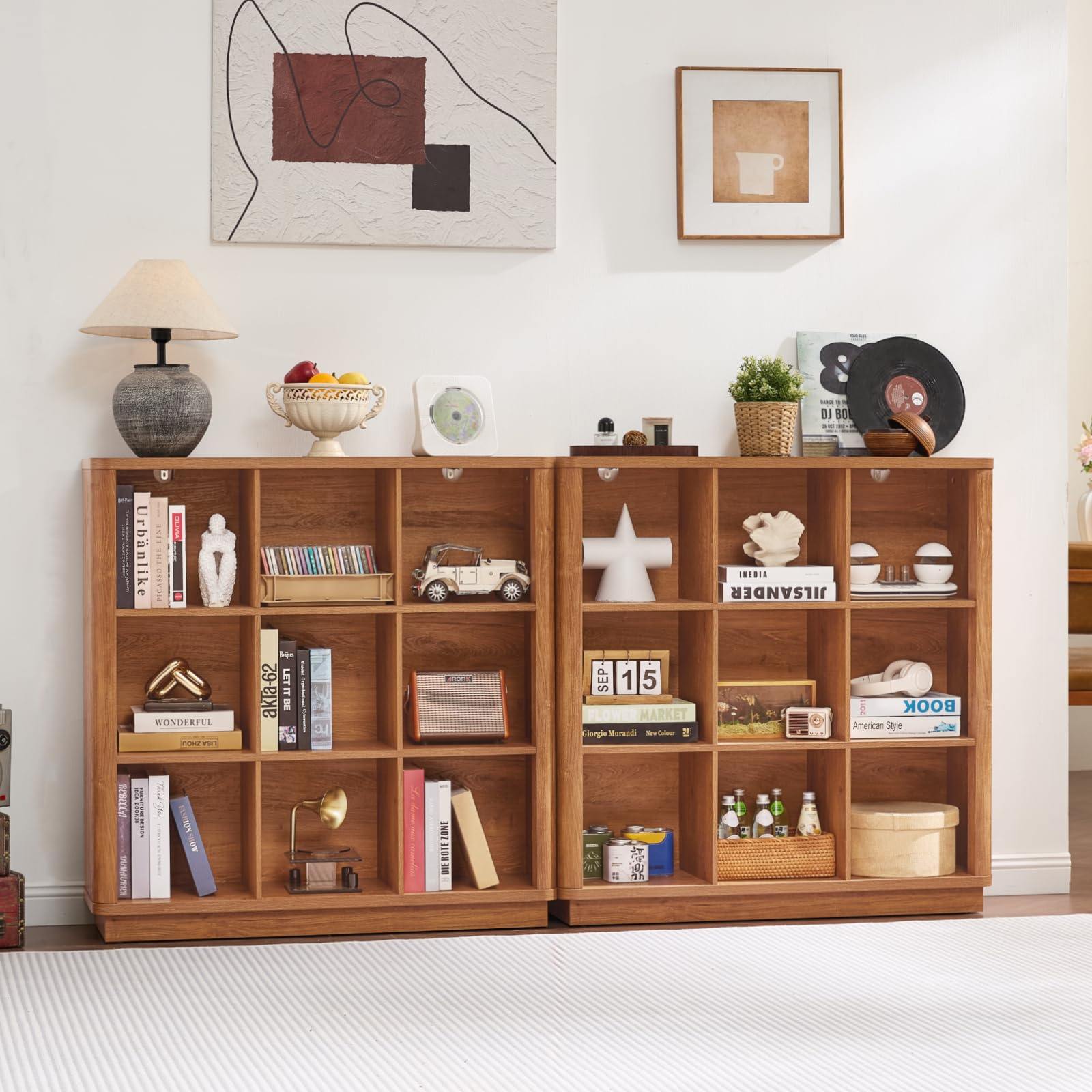 Natural oak cube storage bookcase with open cubby compartments and wide top