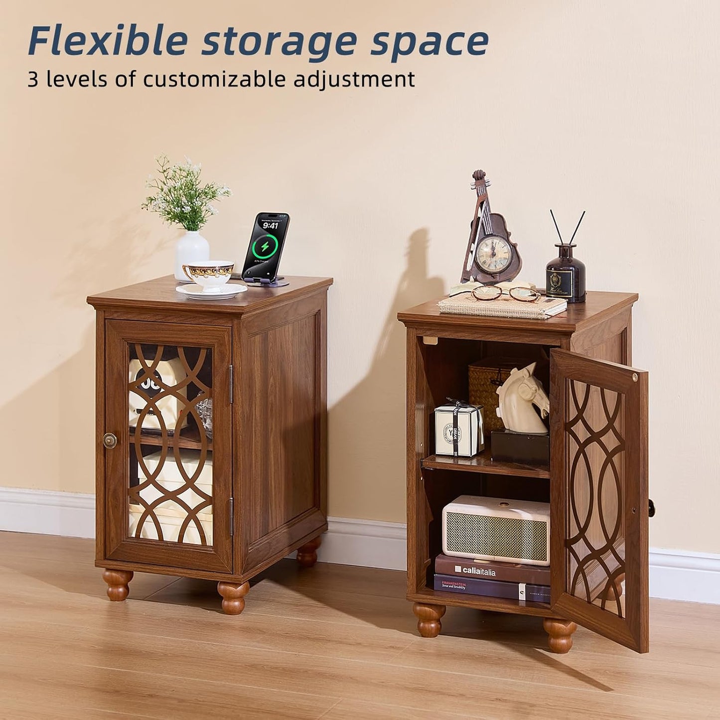 Narrow Side Table with Charging Station, Night Stand with Glass Door, Bedside End Tables with Adjustable Shelf Storage Cabinet,Wood Nightstand for Small Spaces Living Room Bedroom