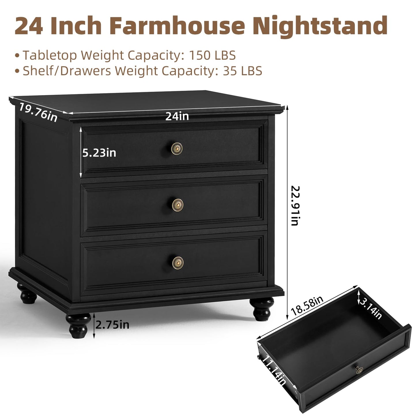 Black farmhouse nightstand with three drawers, bun feet, and open top storage