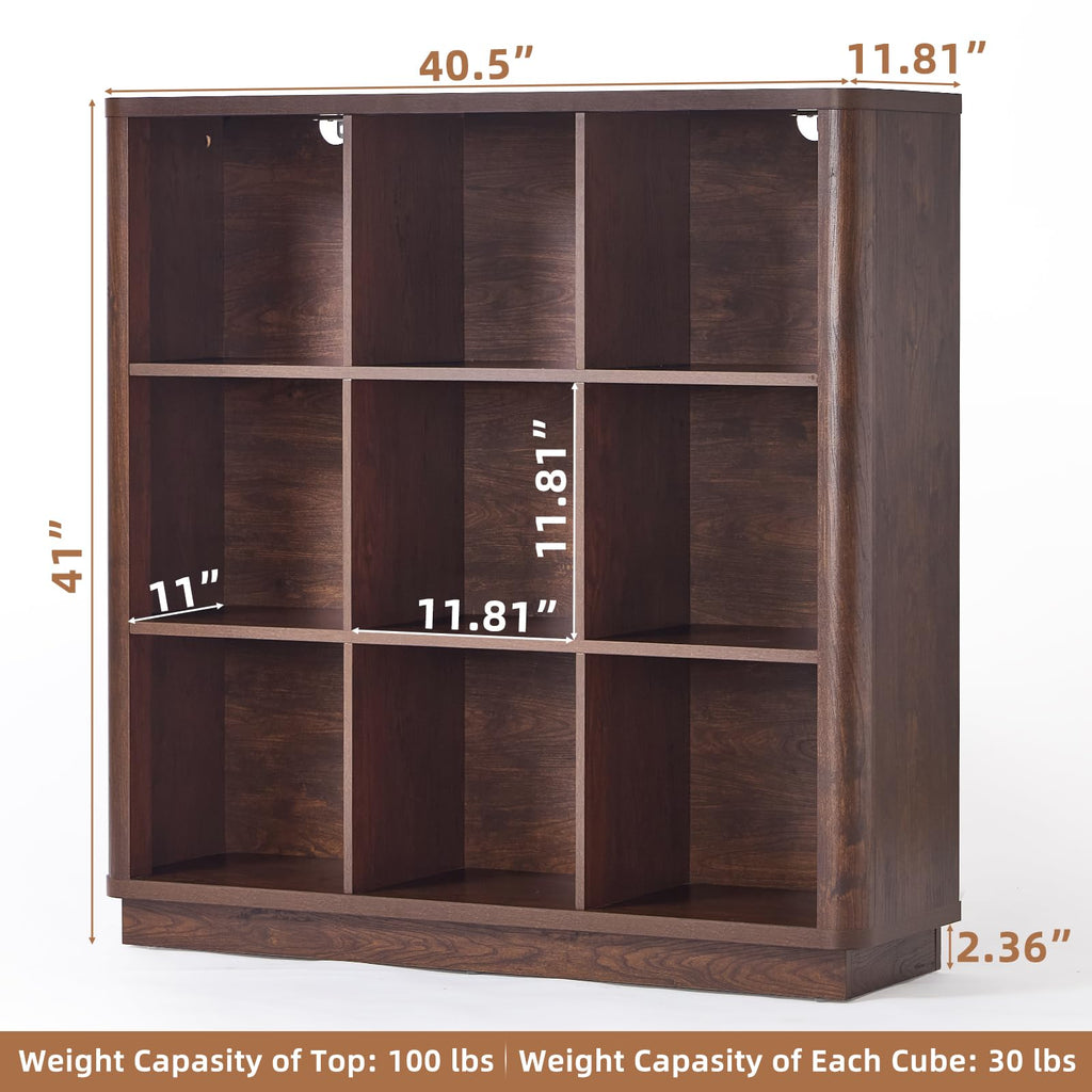 Dark brown wood 8-cubby bookcase with open compartments and curved front edge, low console