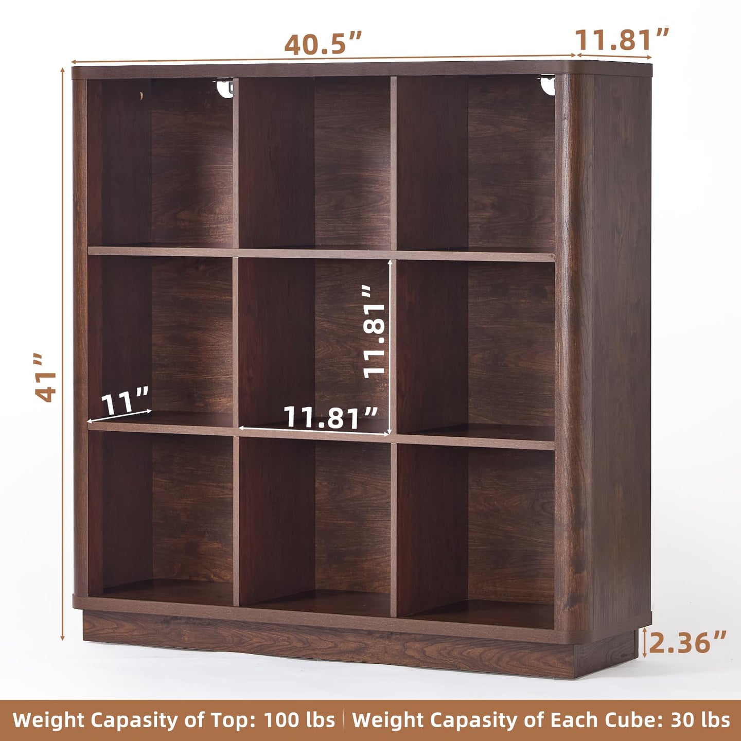 Dark brown wood 8-cubby bookcase with open compartments and curved front edge, low console