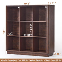 Dark brown wood 8-cubby bookcase with open compartments and curved front edge, low console