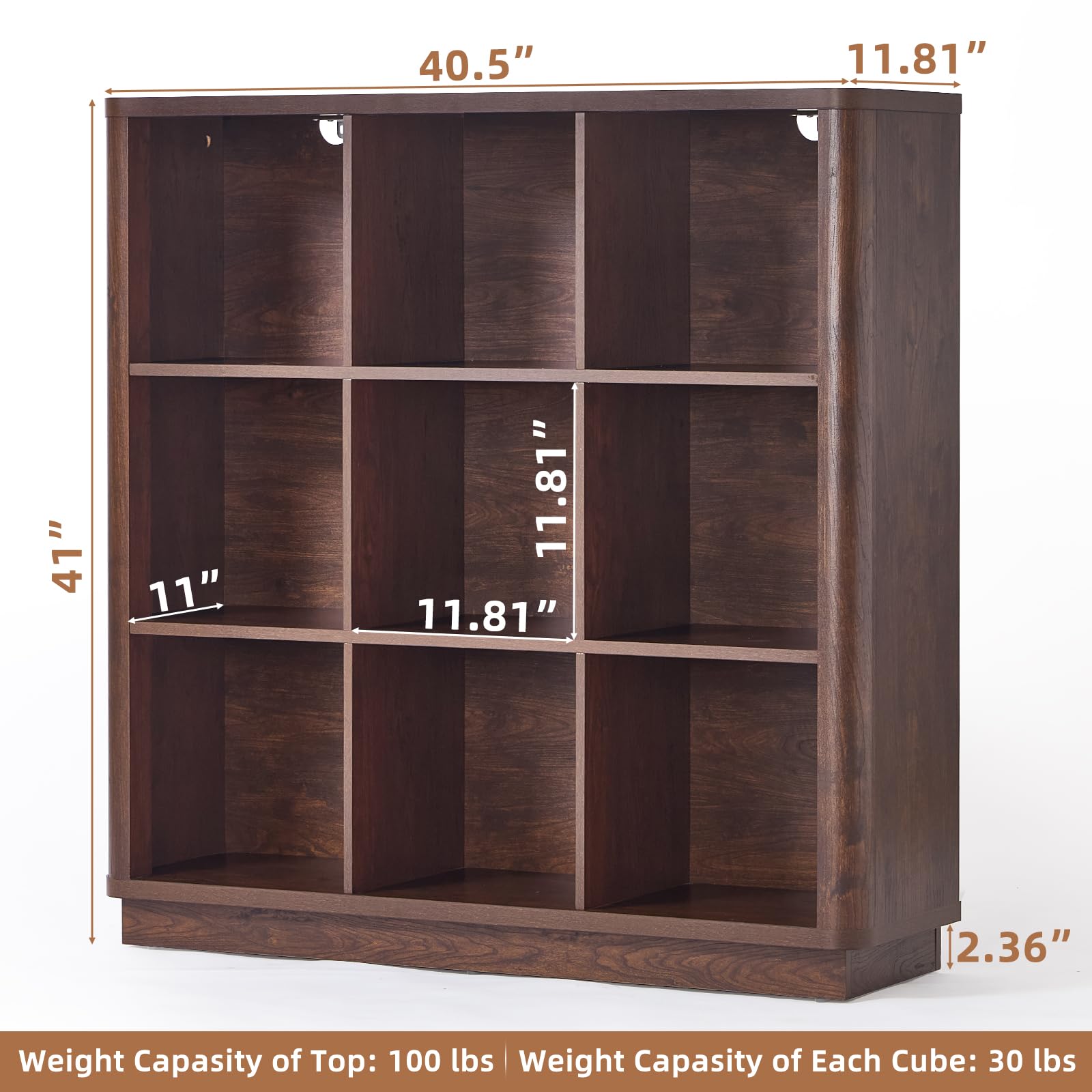 Dark brown wood 8-cubby bookcase with open compartments and curved front edge, low console