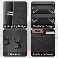 Shoe cabinet details: two side hooks, farmhouse cross pattern front, anti-tip design