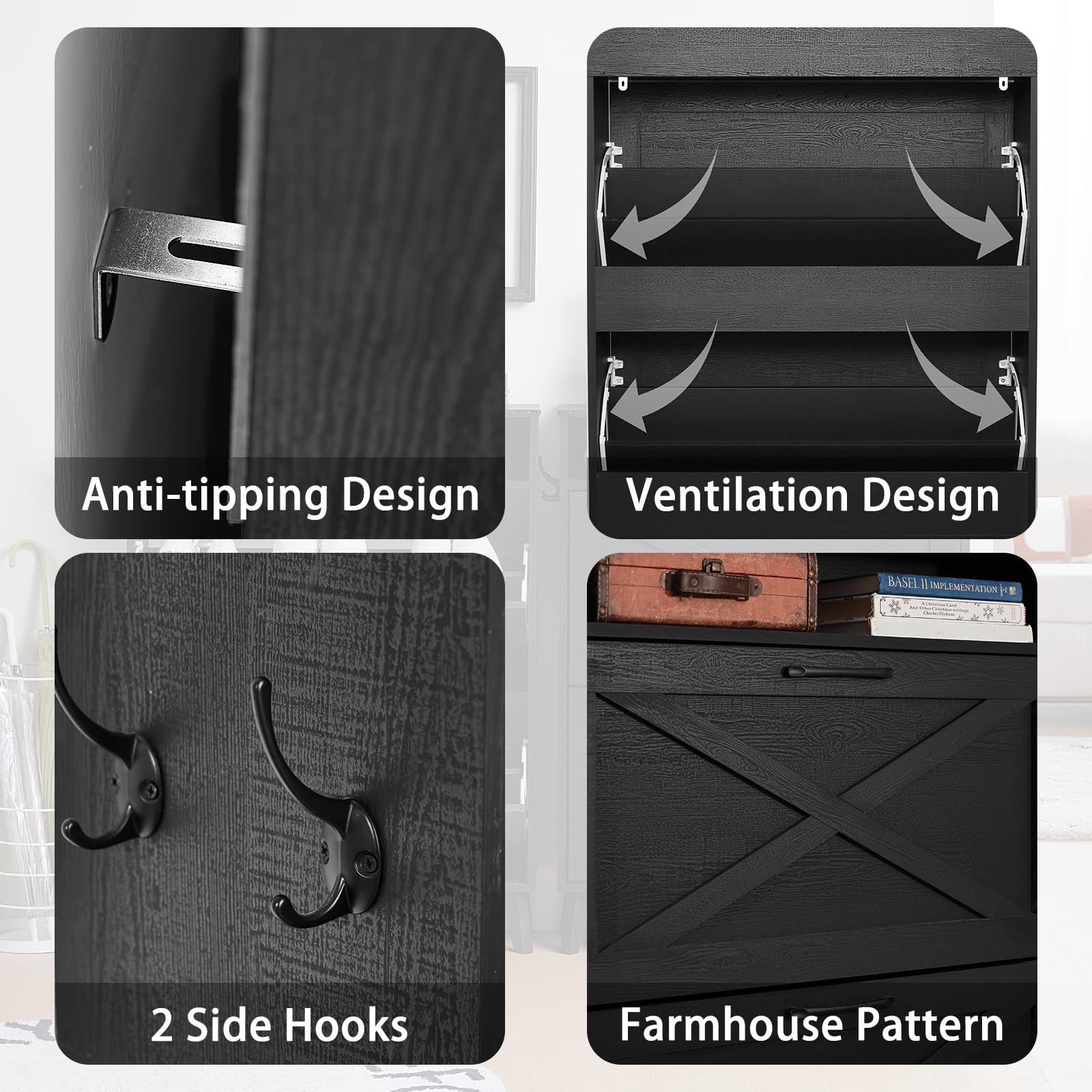 Shoe cabinet design features: anti-tipping, ventilation, two side hooks, farmhouse pattern