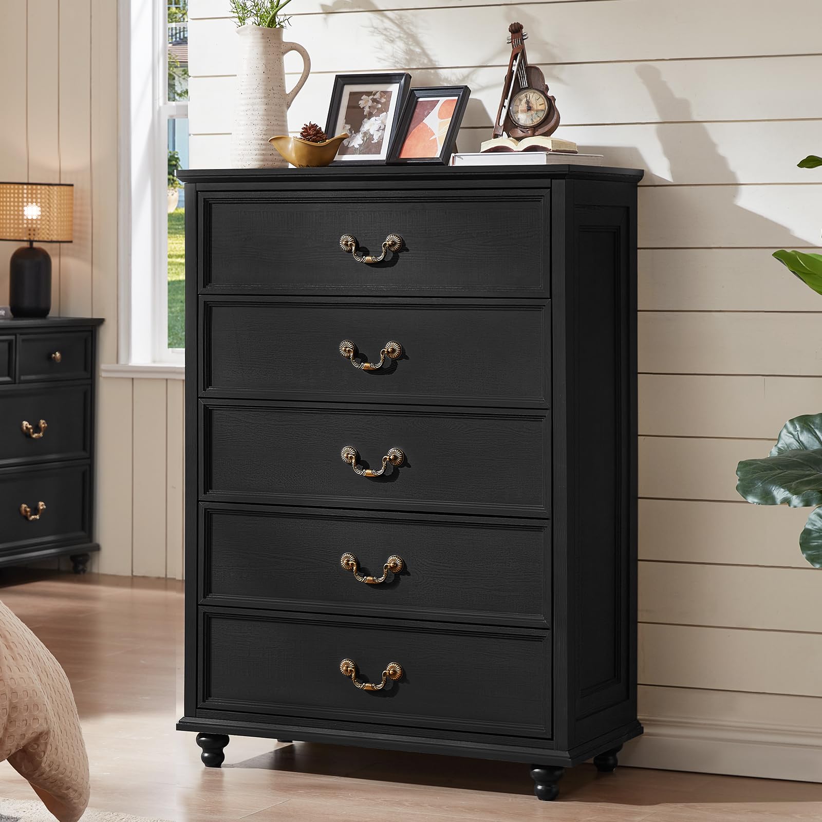 Farmhouse 5 Drawer Dresser for Bedroom, 45" Tall Rustic Chests of Drawers w/ 4 Solid Wood Feet, Mid Century Modern Wooden Closet Storage Dressers Organizer for Living Room, Hallway, Navy Blue