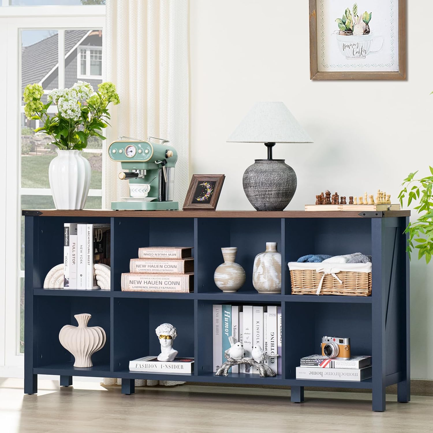 Navy blue 8-cube bookcase console with open cubbies and dark wood top
