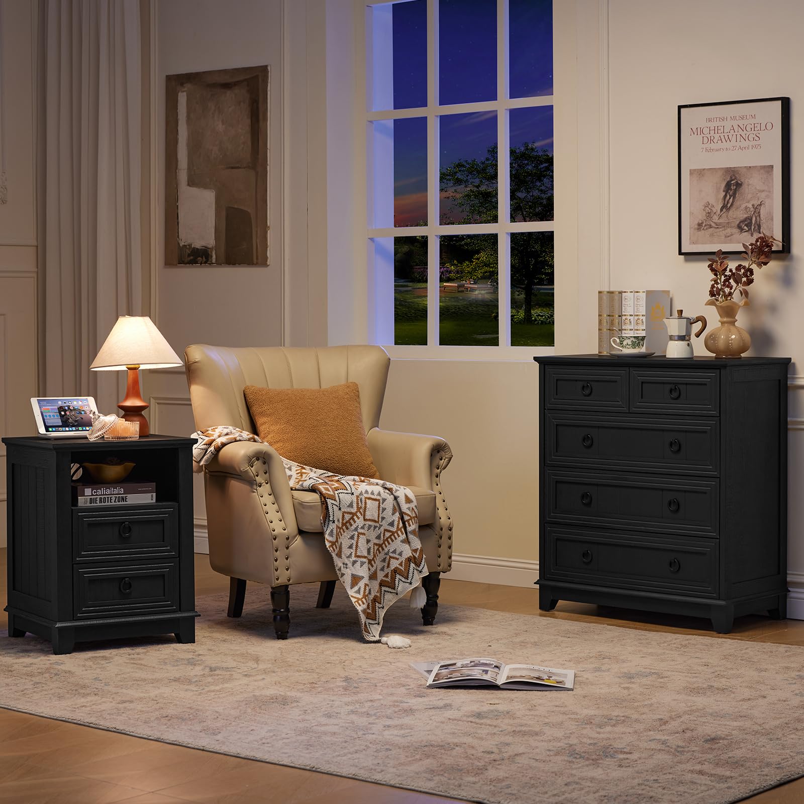 Black farmhouse dresser with multiple drawers and round metal drawer pulls