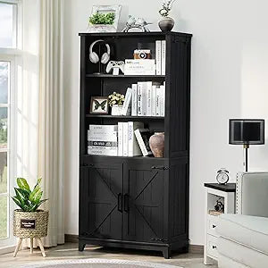 Tall bookcase with hinged barn doors and open shelves, black finish and dark interior