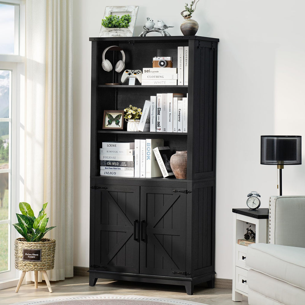 Black tall bookcase with open shelves and barn-style double cabinet doors