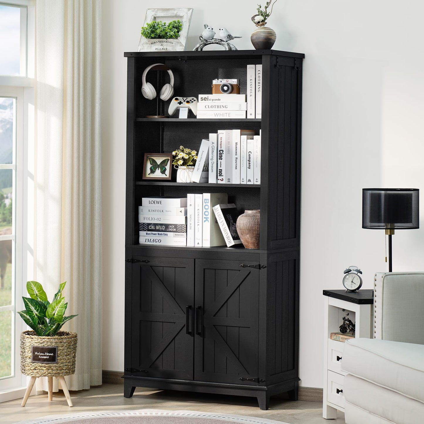 Joaxswe 70in Tall Bookshelf 5 Tier Bookcase with Barn Doors and Adjustable Shelves, Blue Farmhouse Book Shelf with Storage Cabinet, Wood Freestanding Display Bookshelves for Bedroom, Living Room