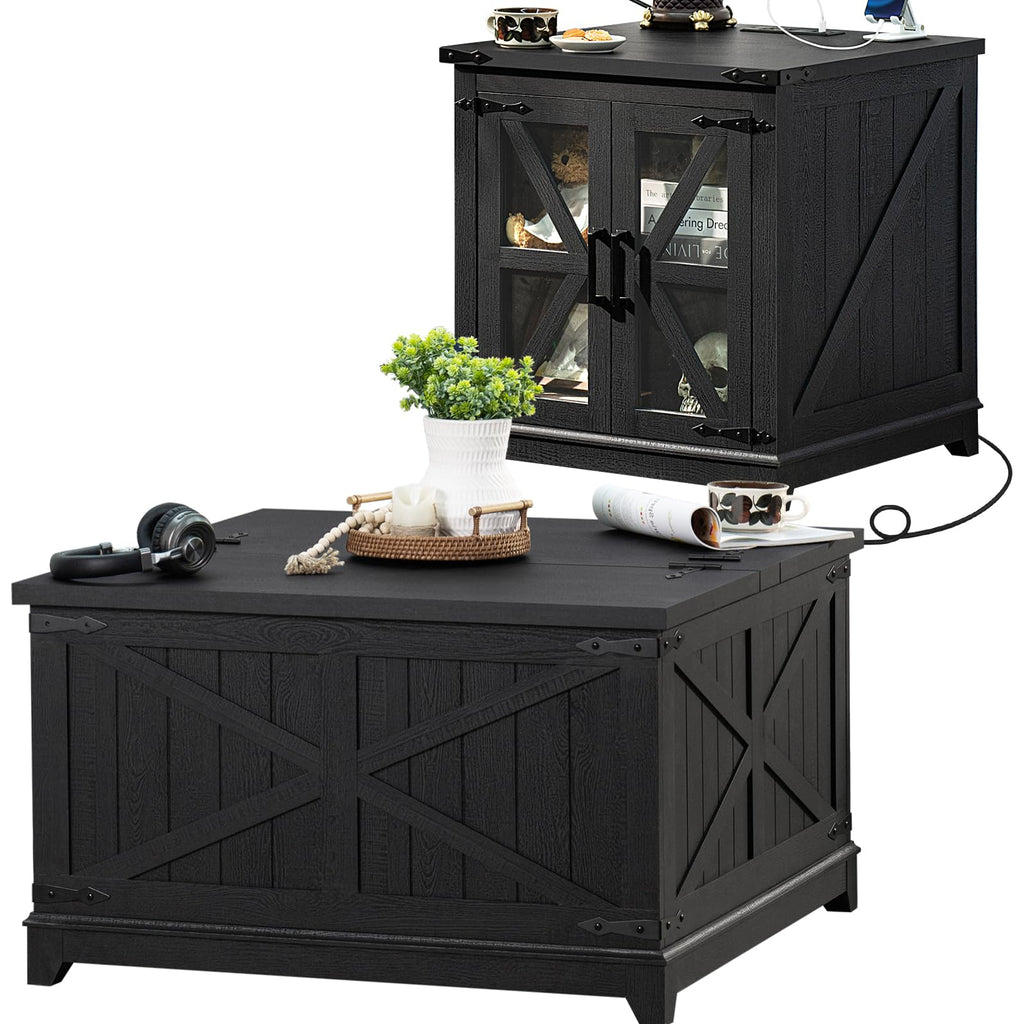 Black wood coffee table with flip-up lid and hidden storage, with charging cable visible.