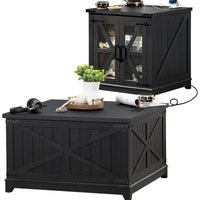 Black wood coffee table with flip-up lid and hidden storage, with charging cable visible.