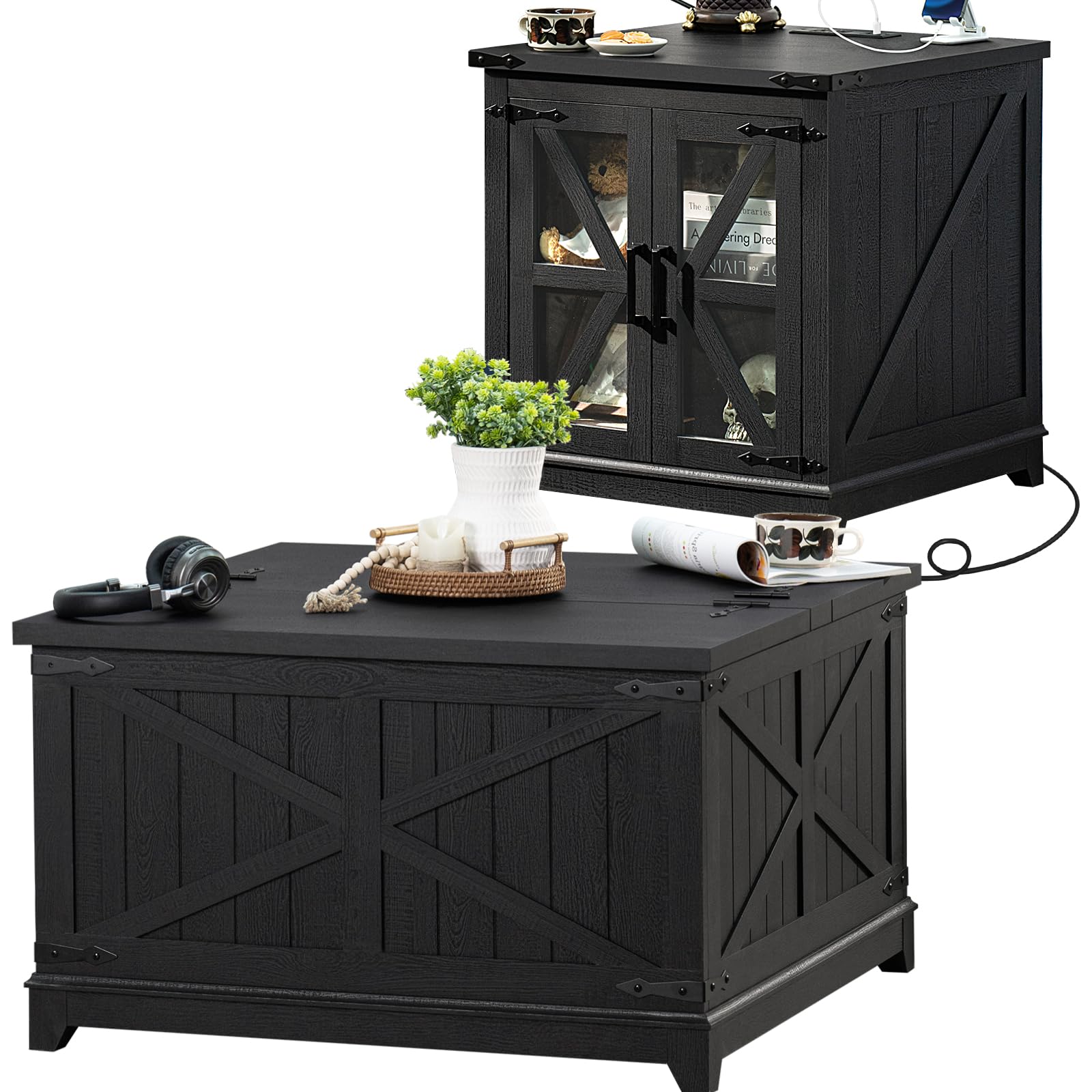 Black wood coffee table with flip-up lid and hidden storage, with charging cable visible.