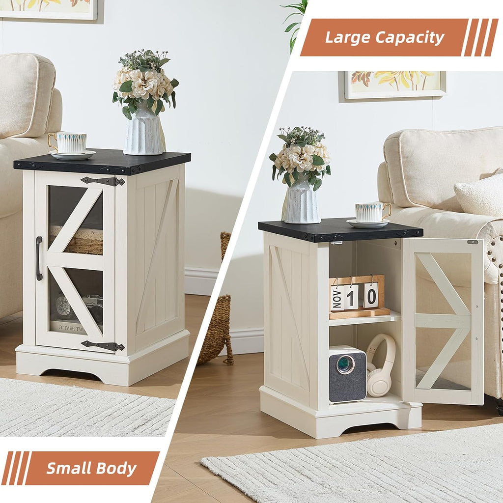 White farmhouse bedside cabinet with black tabletop and glass door storage, open shelving