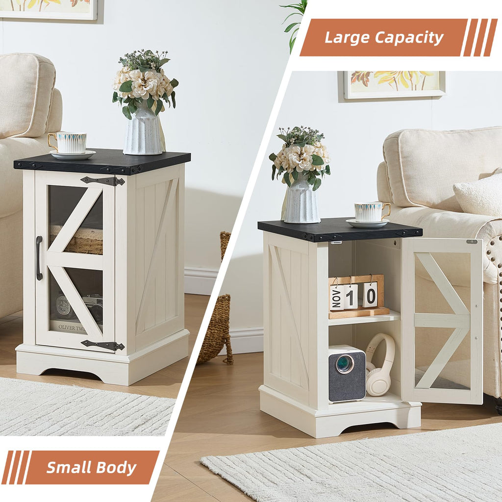 Farmhouse side table with flip-up top, black top panel, white frame, side storage