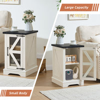 Farmhouse side table with flip-up top, black top panel, white frame, side storage