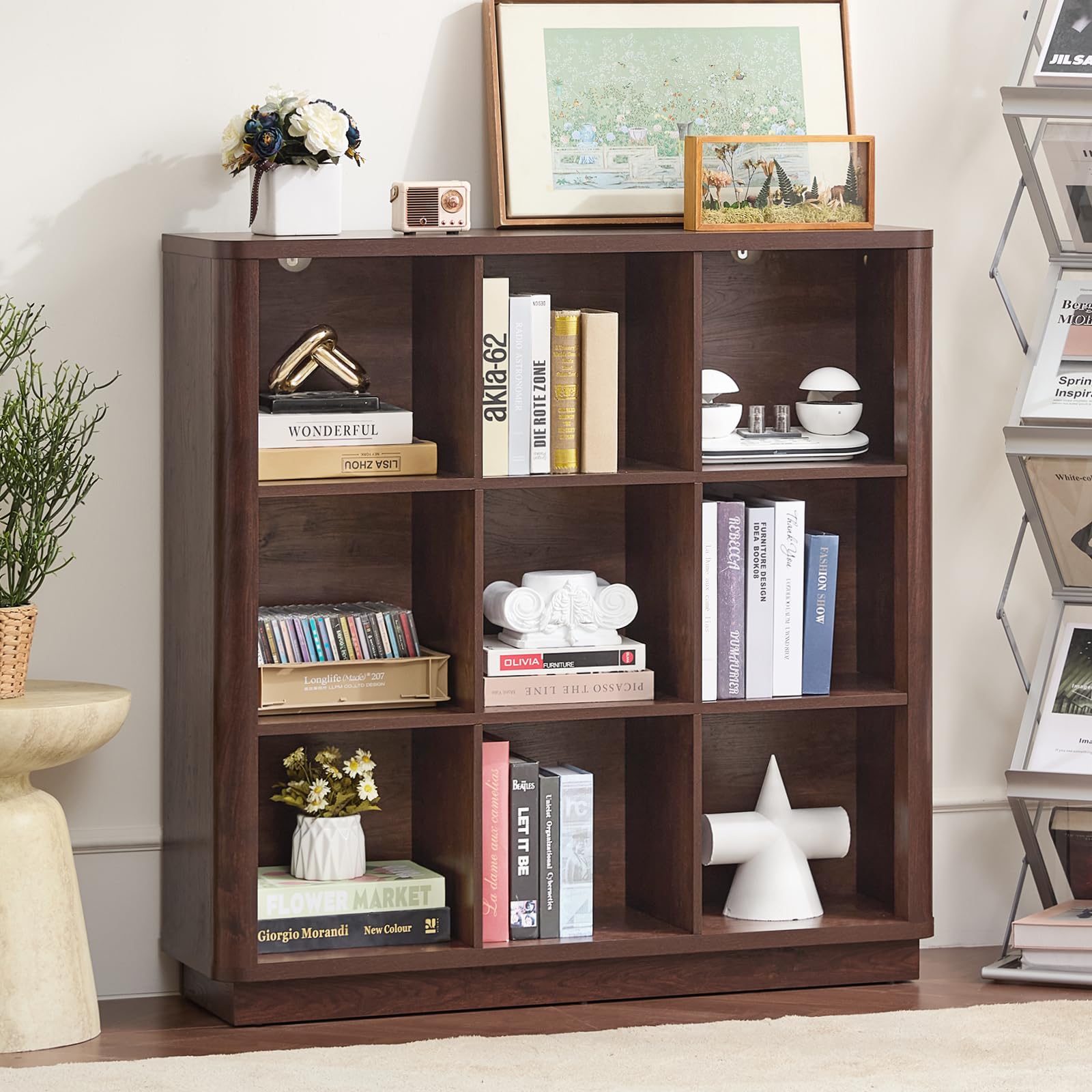 8 Cube Storage Book Shelf, 52" Long Horizontal Bookshelf with Curved Edge, Floor Standing Wooden Cubby Bookcase with Base, Modern Low Console Book Case, TV Stand for Living Room, Natural Oak
