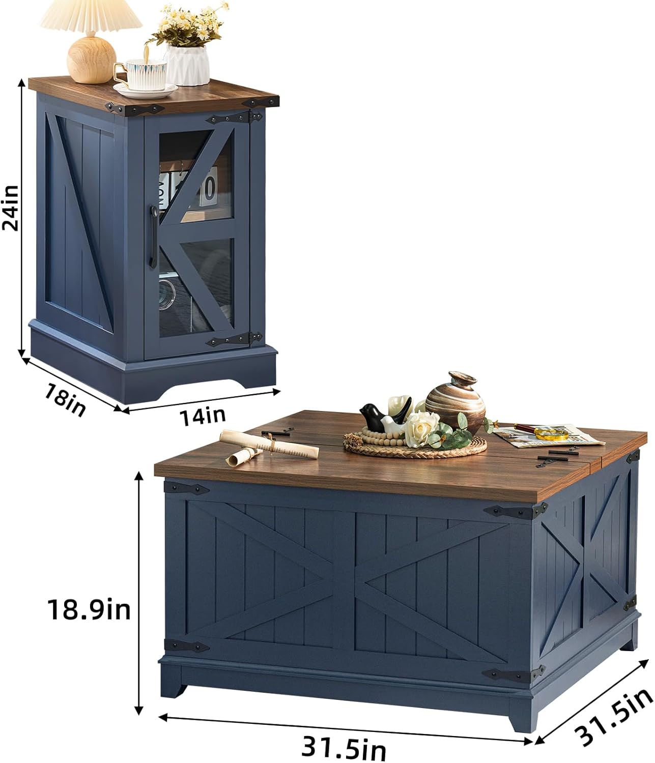Farmhouse Coffee Table Sets 3 Pieces, Narrow Night Stand with Glass Barn Door Storage, Large Coffee Tables with Hidden Storage Organizer, Wood Furniture Sets for Living Room, Office, Blue