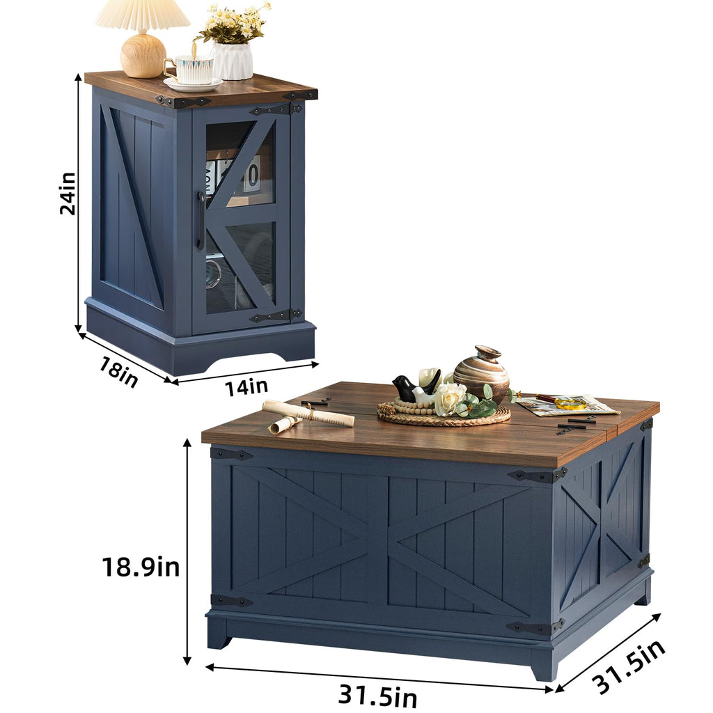 Navy blue lift-top side table and matching coffee table, with size measurements shown