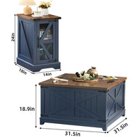 Navy blue lift-top side table and matching coffee table, with size measurements shown
