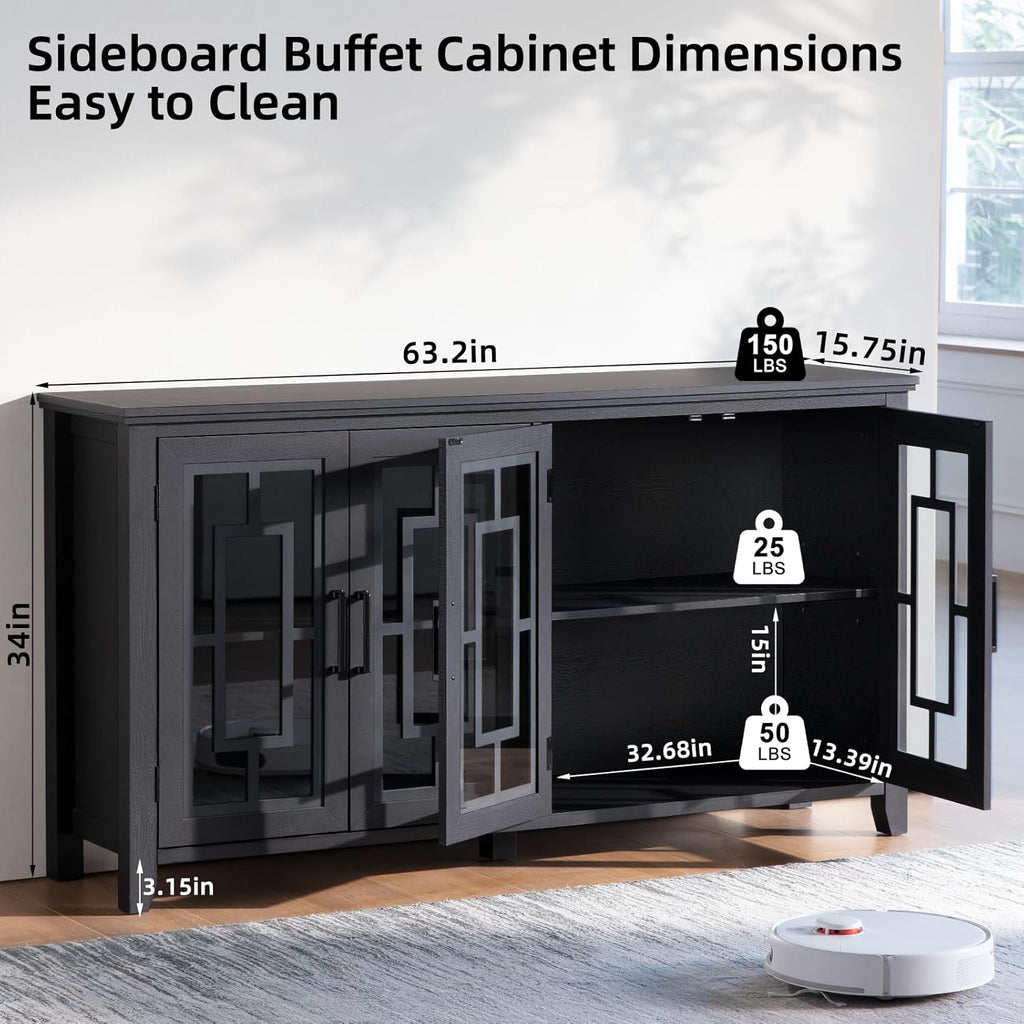 Sideboard buffet cabinet with glass doors and dark wood shelves, double-door front