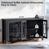 Sideboard buffet cabinet with glass doors and dark wood shelves, double-door front
