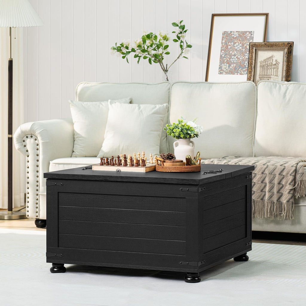 Black square farmhouse coffee table with rustic top and hinged lift storage compartment