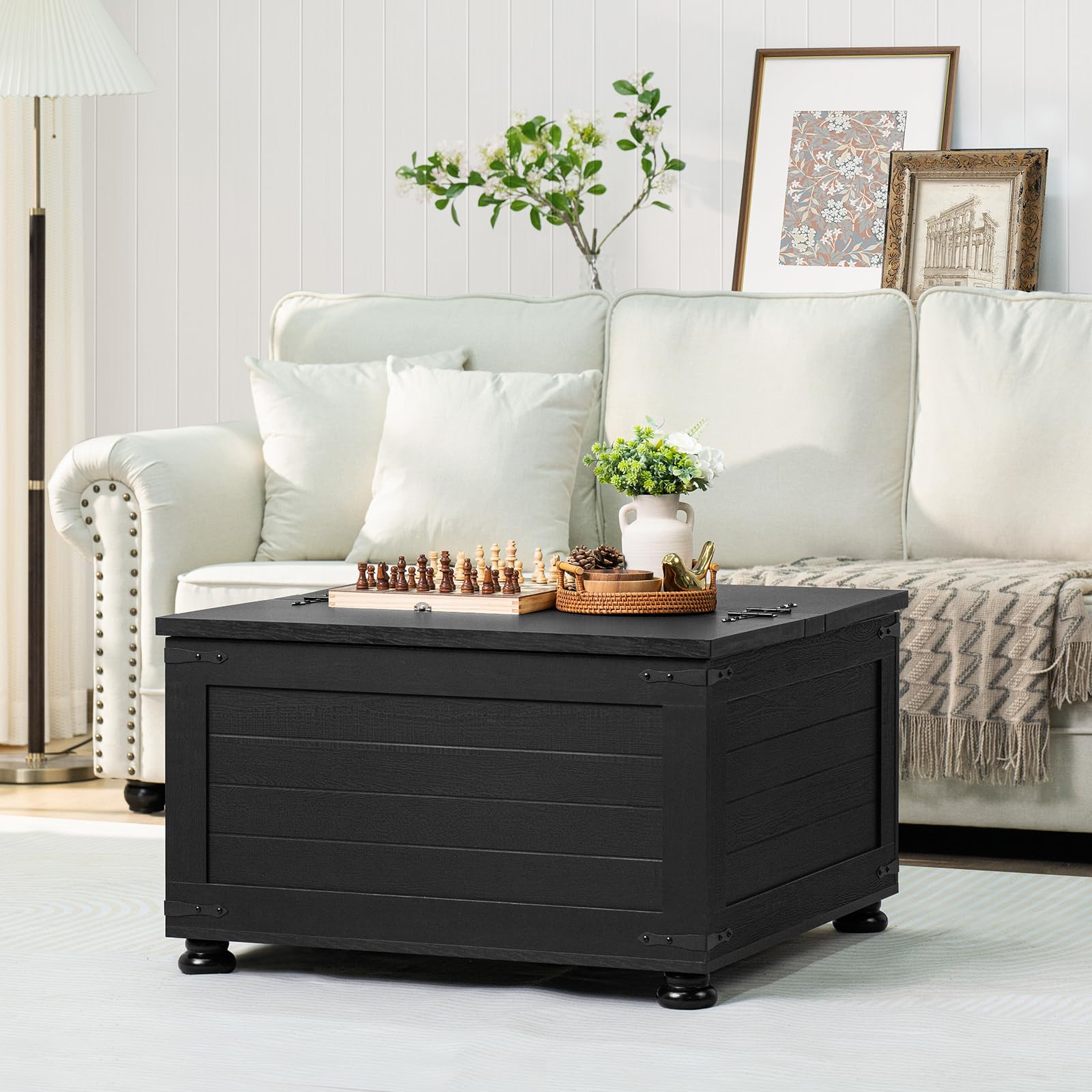 Black square farmhouse coffee table with rustic top and hinged lift storage compartment