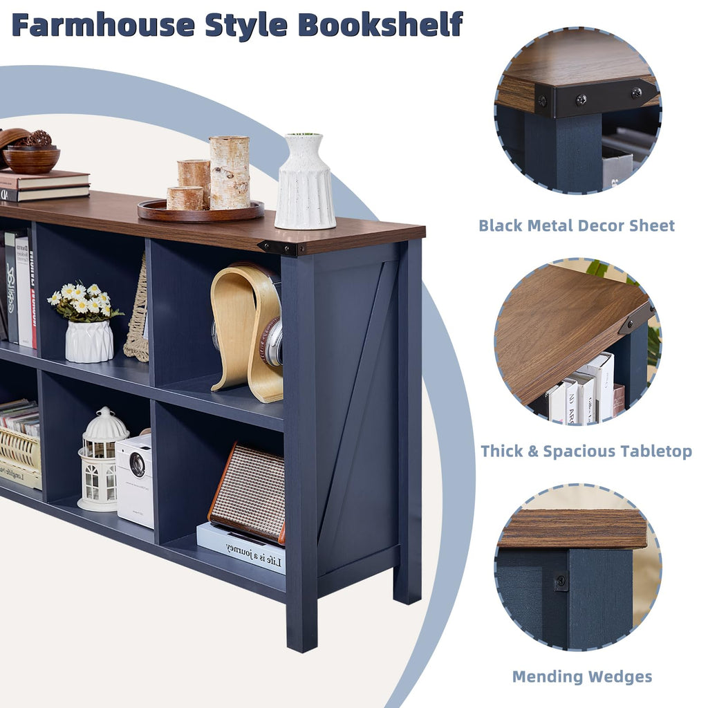 Dark blue bookcase console with open compartments and round-corner tabletop