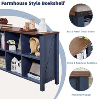 Dark blue bookcase console with open compartments and round-corner tabletop