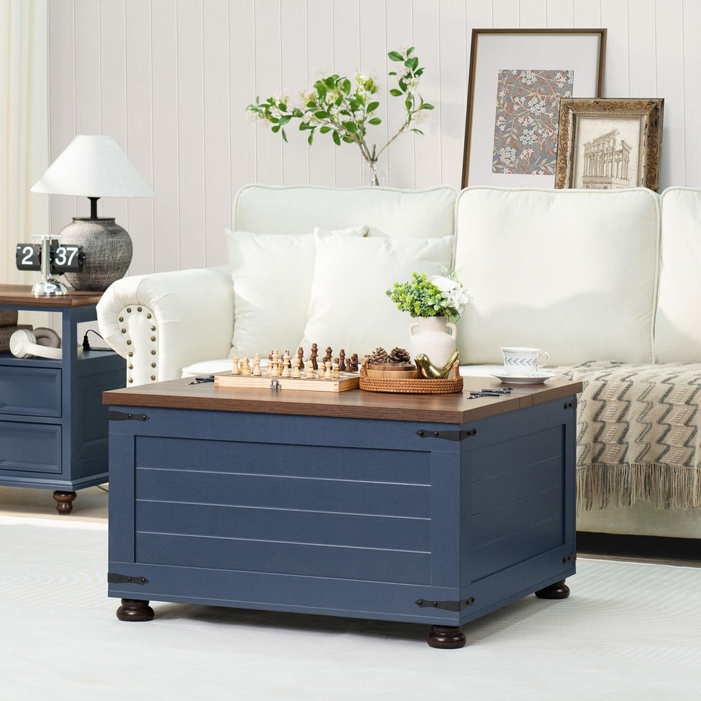 Square farmhouse coffee table with hinged lift top and hidden storage, dark blue base and wood top