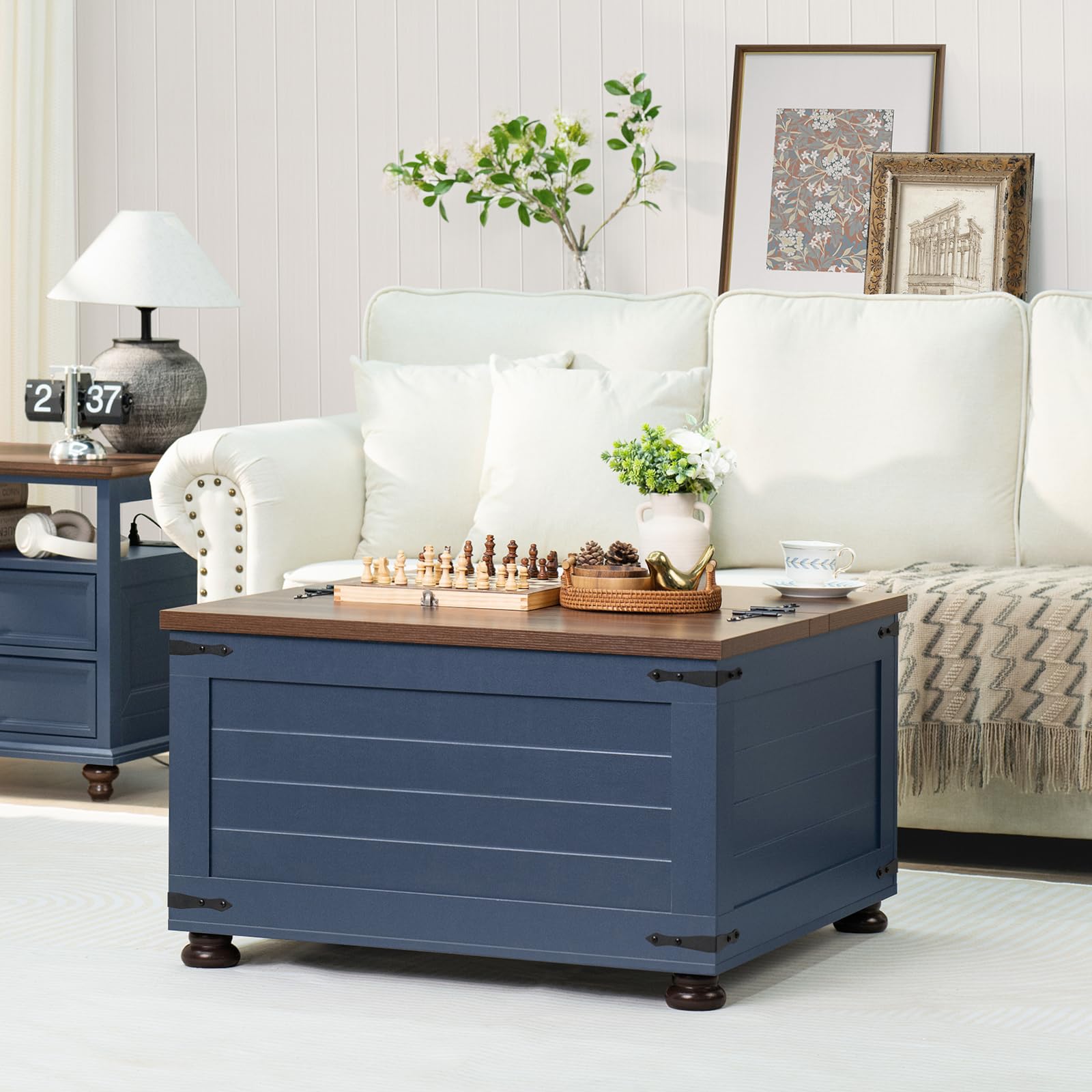 Square farmhouse coffee table with hinged lift top and hidden storage, dark blue base and wood top