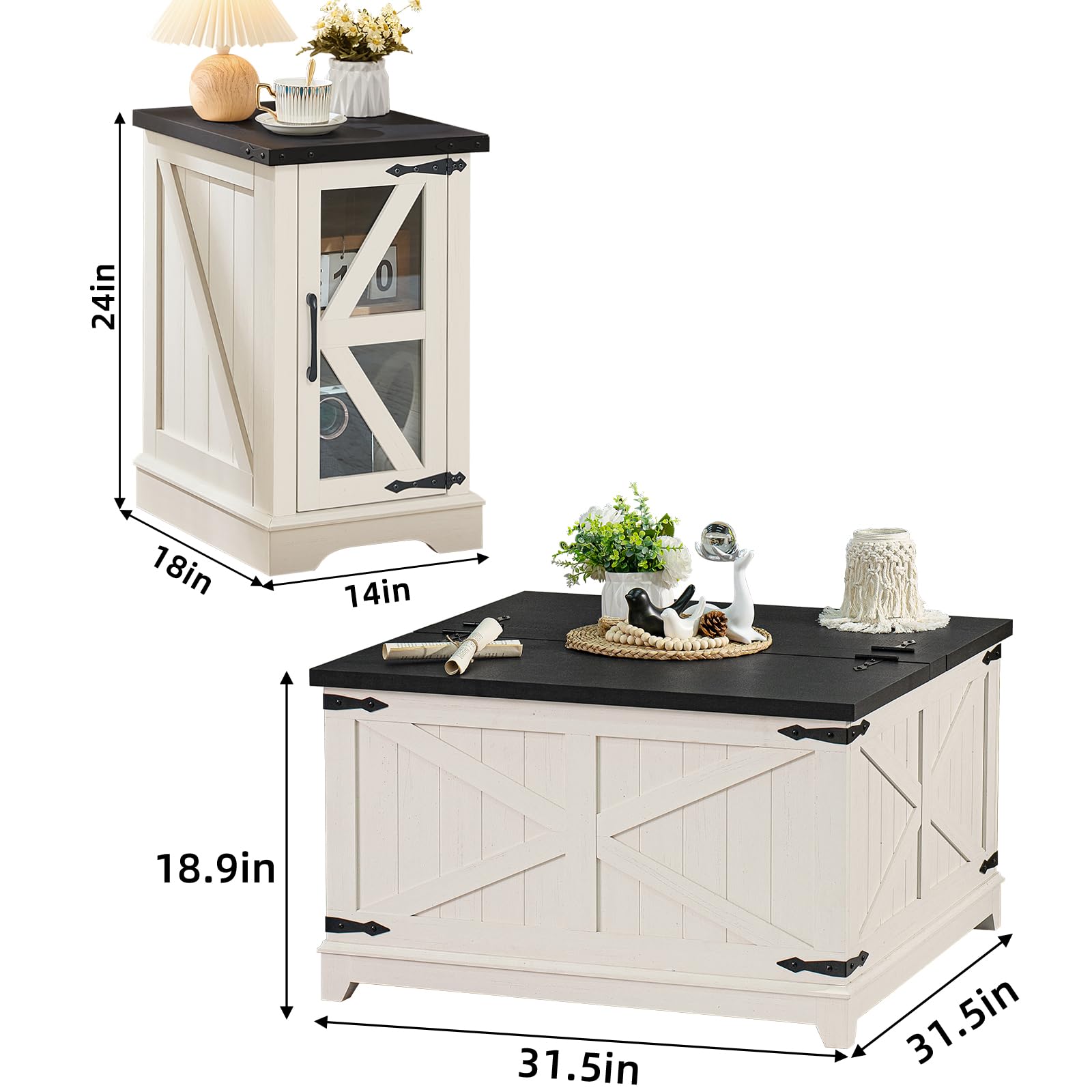 White wood lift-top coffee table with dimensions shown and side cabinet door storage