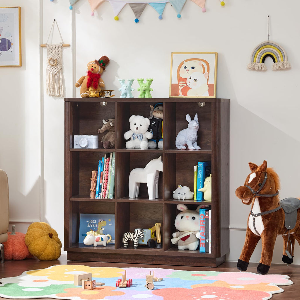 Wooden cube storage book shelf with open cubbies for books and decor on top