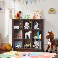 Wooden cube storage book shelf with open cubbies for books and decor on top