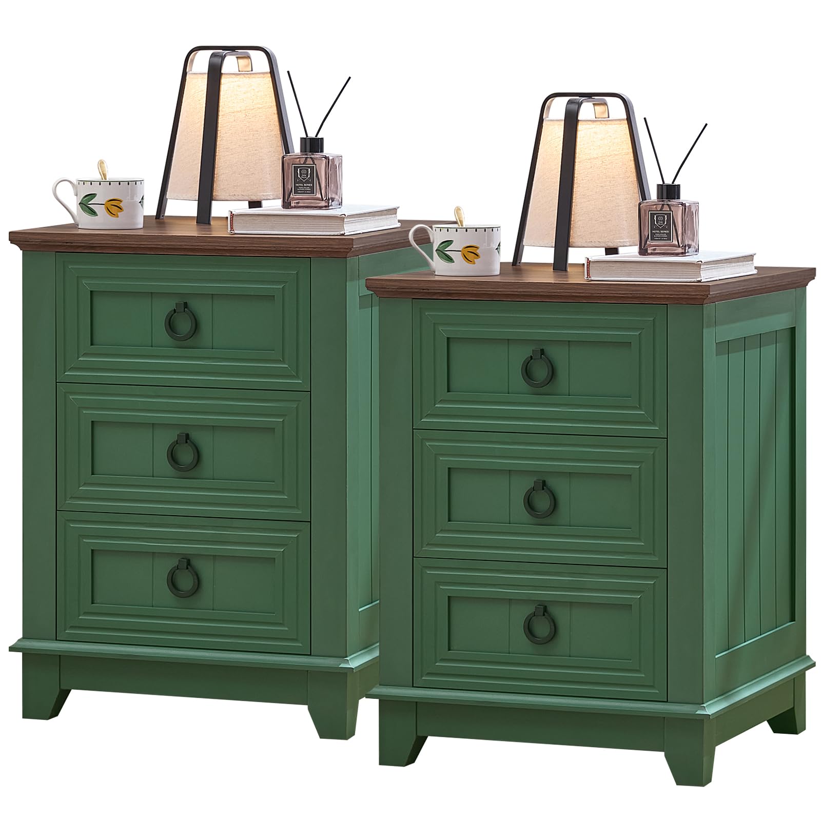 Farmhouse 5-drawer dresser in green wood with round metal drawer knobs