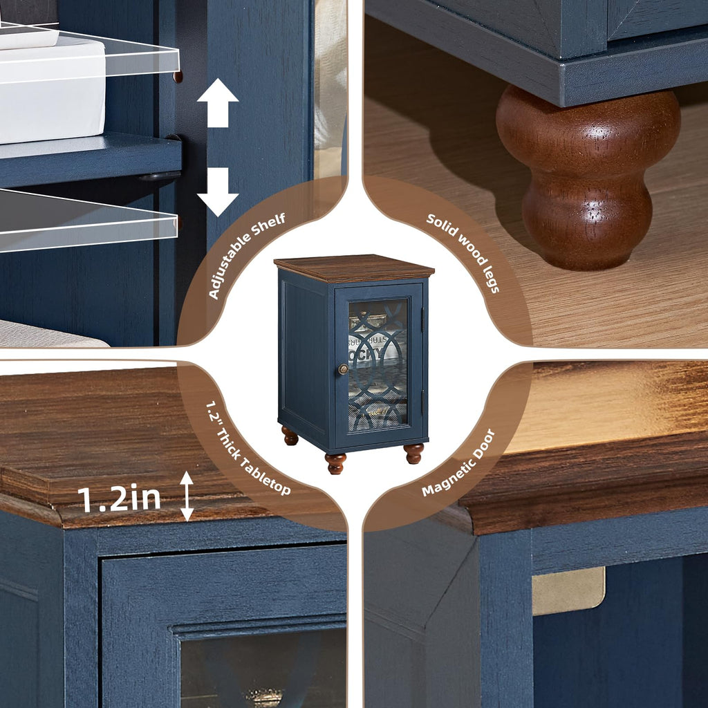Narrow side table cabinet showing adjustable shelf and solid wood feet.